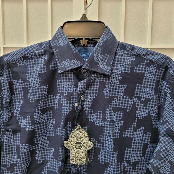 Visconti Black Shirt Men's Sz Small Navy Blue Houndstooth Camouflage Shapes NWT - Picture 2 of 11